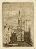 Artist: Farmer, John. | Title: Church in Lonsdale Street. | Date: c.1956 | Technique: etching, printed in brown ink with plate-tone, from one plate