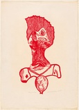 Artist: b'HANRAHAN, Barbara' | Title: b'Baby on a chain' | Date: 1966 | Technique: b'lithograph, printed in red ink, from one plate'