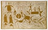 Artist: b'Marika, Banduk.' | Title: b'Miyapunuwuy Nyarrunyan' | Date: 1986 | Technique: b'linocut, printed in yellow, from one block'