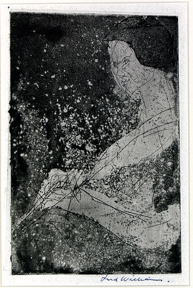 Artist: b'WILLIAMS, Fred' | Title: b'Pregnant woman' | Date: 1955-56 | Technique: b'etching, aquatinkt, drypoint, deep etch, flat biting printed with plate-tone' | Copyright: b'\xc2\xa9 Fred Williams Estate'