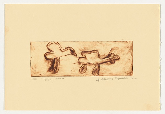 Artist: b'Napurrula, Josephine.' | Title: b'Tjulpu + camela' | Date: 2004 | Technique: b'drypoint etching, printed in brown ink, from one perspex plate'