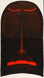 Artist: b'NAILS,' | Title: b'Not titled (face with concentric circles for eyes).' | Date: 2004 | Technique: b'stencil, printed in black and orange ink, from two stencils; spray varnish'