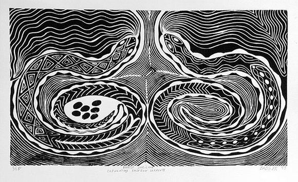 Artist: b'Bates, Badger' | Title: b'Nhatji Yarilana (Copulating rainbow serpents)' | Date: 1993 | Technique: b'linocut, printed in black ink, from one block'