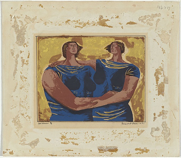 Artist: b'Glass, Raymond.' | Title: b'Two women.' | Date: 1951 | Technique: b'screenprint, printed in colour, from multiple stencils; additions in gold paint'