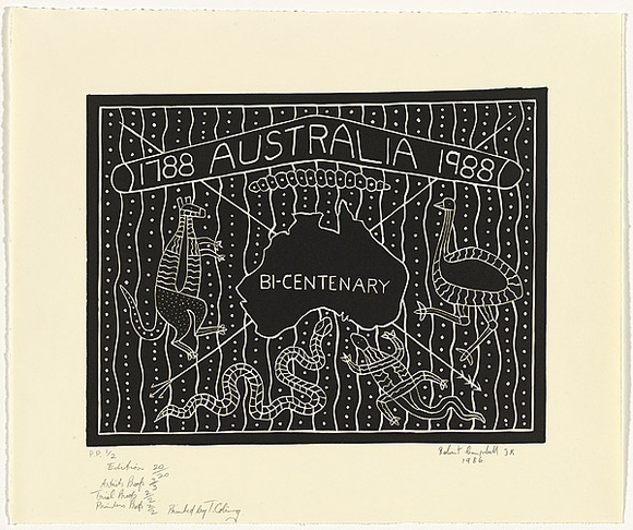 Title: b'Bicentenary' | Date: 1986 | Technique: b'linocut, printed in black ink, from one block'