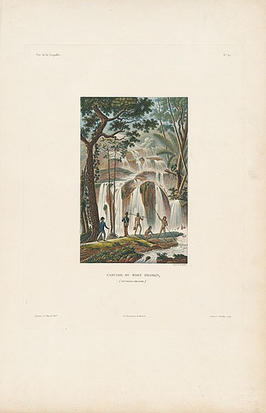 Artist: b'Chazal, Antoine.' | Title: b'Cascade du port Praslin / Nouvellie-Irlande [Waterfall in New Ireland].' | Date: c.1828 | Technique: b'engraving, printed in black ink from one copper plate; hand coloured'