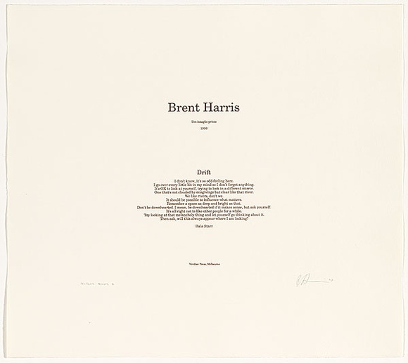 Artist: b'Harris, Brent.' | Title: b'Drift I-X' | Date: 1998 | Technique: b'etchings, printed in brown ink, each from one copper plate'