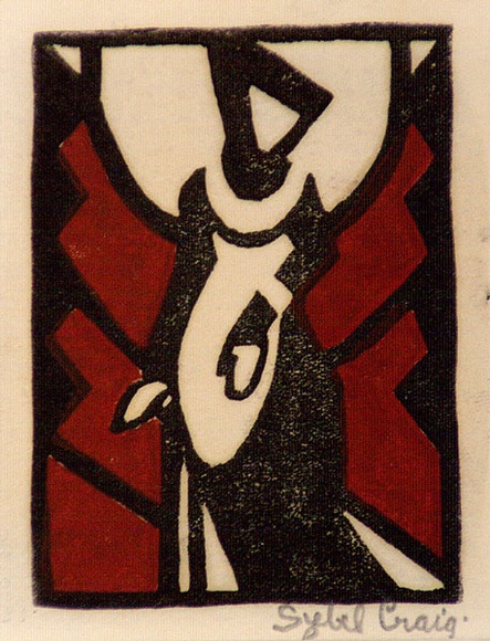 Artist: b'Craig, Sybil.' | Title: b'Woman in medieval dress.' | Date: c.1935 | Technique: b'linocut, printed in black ink, from one block; hand-coloured'