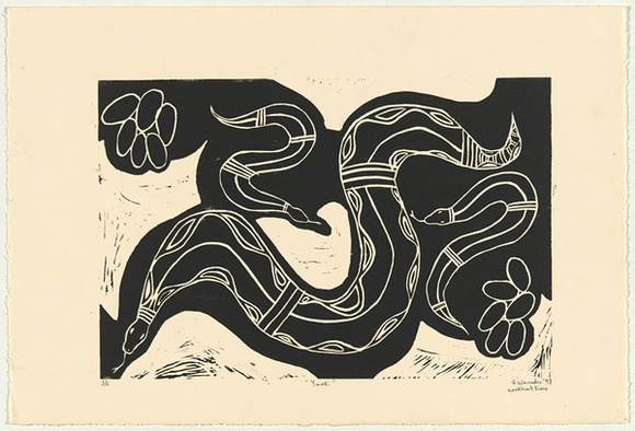 Artist: b'Warradoo, Geoffrey.' | Title: b'Yangki' | Date: 1997, July | Technique: b'linocut, printed in black ink, from one block'