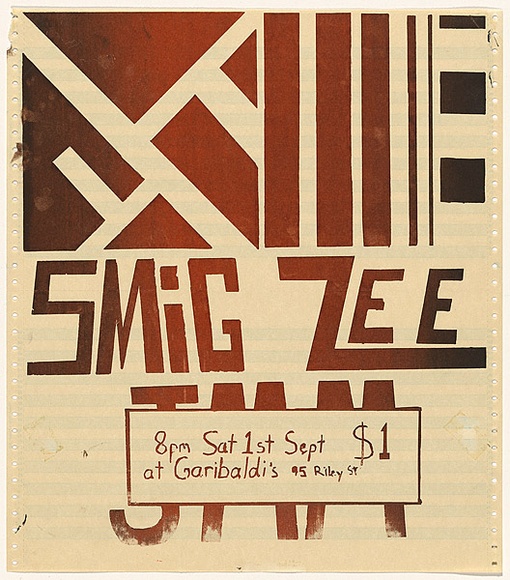 Artist: b'Zee, Smig J.' | Title: b'Smig Zee and JMJ [band poster]' | Date: 1979 | Technique: b'screenprint, printed in colour, from one stencil'