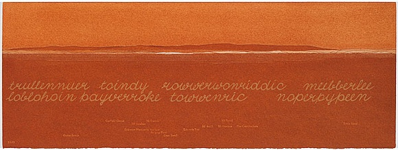 Artist: b'MADDOCK, Bea' | Title: b'Terra Spiritus...with a darker shade of pale' | Date: 1993-98 | Technique: b'stencil print, printed in hand-ground Launceston ochre from multiple hand-cut mylar stencils; letterpress text blind printed; hand-drawn script'