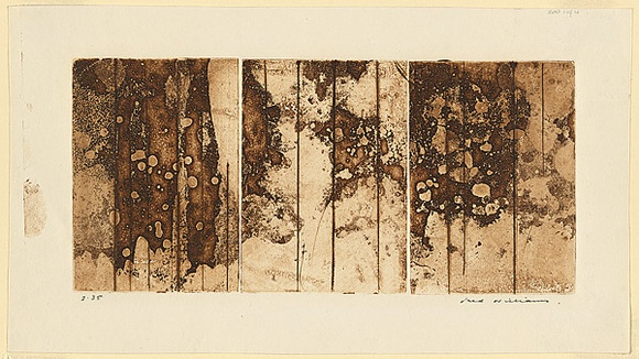 Artist: b'WILLIAMS, Fred' | Title: b'Landscape triptych. Number 1' | Date: 1962 | Technique: b'aquatint, engraving and foul biting, prited in sepia ink' | Copyright: b'\xc2\xa9 Fred Williams Estate'
