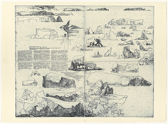 Artist: b'SCHMEISSER, Jorg' | Title: b'Diary and icebergs' | Date: 1998 | Technique: b'etching, printed in blue/black ink, from four plates, on one sheet' | Copyright: b'\xc2\xa9 J\xc3\xb6rg Schmeisser'