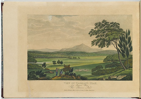 Artist: b'Lycett, Joseph.' | Title: bView of Tasman's Park, from Macquarie Plains, Van Diemen's Land. | Date: 1825 | Technique: b'etching and aquatint, printed in black ink, from one copper plate; hand-coloured'