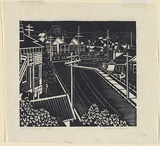 Artist: b'Cornish, Muriel.' | Title: b'The corner of the street.' | Date: 1936 | Technique: b'linocut, printed in black ink, from one block'