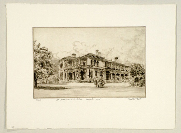 Artist: b'PLATT, Austin' | Title: b'St Catherines Girls School, Toorak' | Date: 1935 | Technique: b'etching, printed in black ink, from one plate'