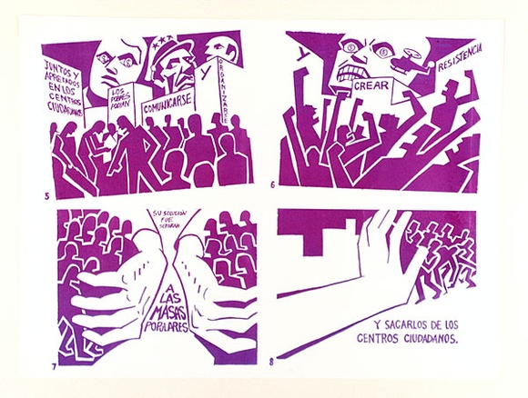 Artist: b'Black Cat Collective.' | Title: b'1968 Rebelion en las Ciudades 5-8.' | Date: c.1986 | Technique: b'screenprint, printed in purple ink, from one stencil'