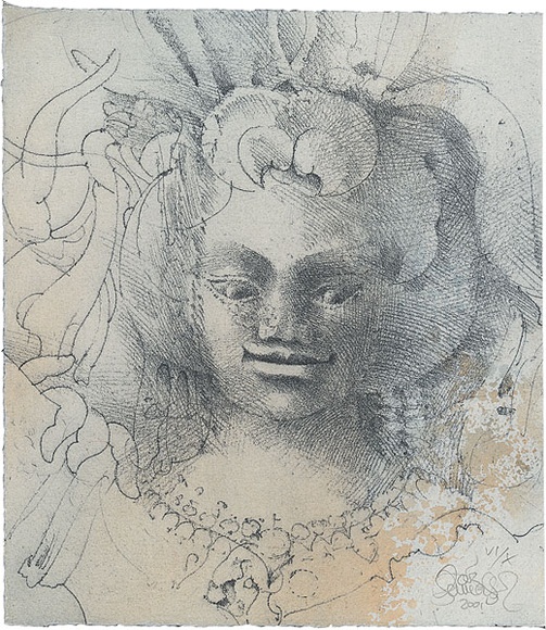 Title: b'Face of an Apsara' | Date: 2001 | Technique: b'softground-etching, printed in blue/black ink, from one plate; hand-coloured'