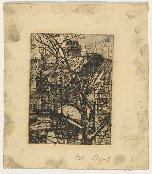 Artist: b'Claux, Eugene.' | Title: b'(View of Terrace house backyards, Sydney).' | Date: 1946 | Technique: b'etching and aquatint, printed in black ink with plate-tone, from one copper plate'