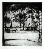 Artist: b'FULLWOOD, A.H.' | Title: b'Macquarie Place, Sydney.' | Date: c.1923 | Technique: b'etching, printed in blue/black ink with plate-tone, from one plate'
