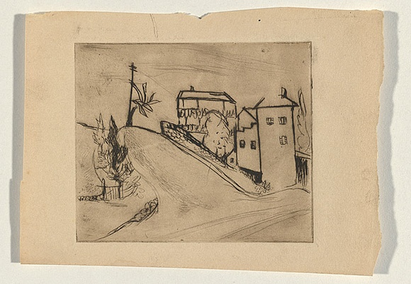 Title: b'not titled [village with palm and telegraph pole]' | Technique: b'etching, printed in brown ink, from one plate'