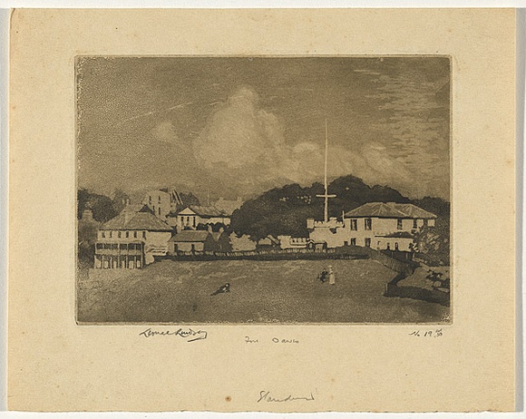 Artist: b'LINDSAY, Lionel' | Title: b'Fort Dawes, Sydney' | Date: 1918 | Technique: b'spirit-aquatint, printed in black ink, from one plate' | Copyright: b'Courtesy of the National Library of Australia'