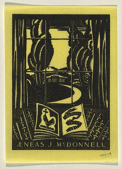 Artist: b'FEINT, Adrian' | Title: b'Bookplate: Aeneas J McDonnell.' | Date: 1933 | Technique: b'wood-engraving, printed in black ink, from one block' | Copyright: b'Courtesy the Estate of Adrian Feint'