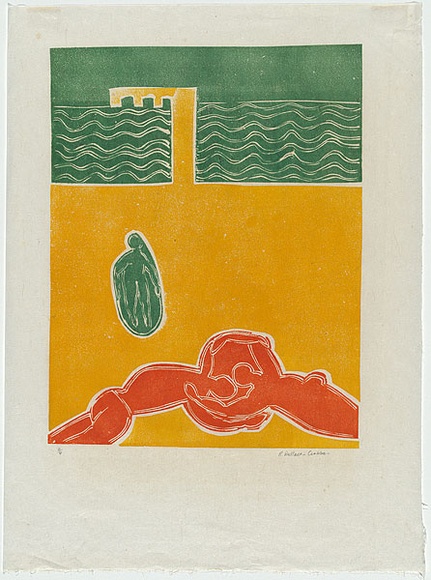 Artist: b'Wallace-Crabbe, Robin.' | Title: b'Lovers and skipping boy on a beach.' | Date: 1965 | Technique: b'linocut, printed in colour, from multiple blocks' | Copyright: b'\xc2\xa9 Robin Wallace-Crabbe, Licensed by VISCOPY, Australia'