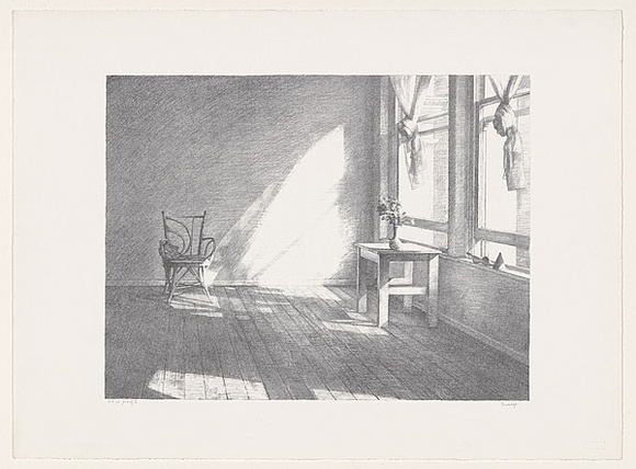 Artist: b'Dunlop, Brian.' | Title: b'Sunlight on a chair' | Date: c1984 | Technique: b'lithograph, printed in black ink, from one stone'