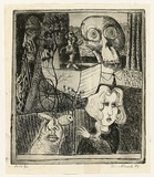 Artist: AMOR, Rick | Title: not titled [nightmare scene - woman, skull and baby carriage]. | Date: 1968 | Technique: etching and aquatint printed in black ink with plate-tone on one plate
