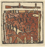Artist: PRESTON, Margaret | Title: Aboriginal bark ornament. | Date: 1940 | Technique: woodcut, printed in black ink, from one block; hand-coloured | Copyright: © Margaret Preston. Licensed by VISCOPY, Australia
