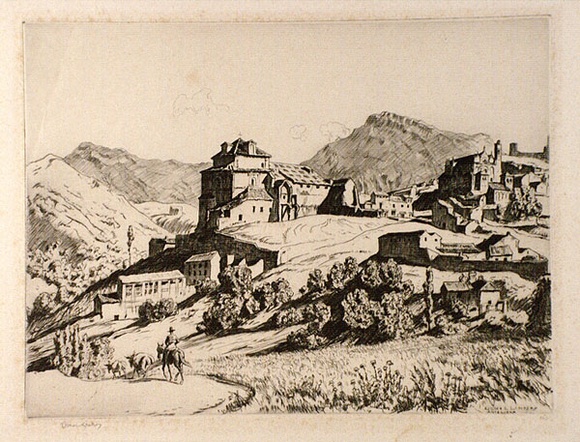 Artist: LINDSAY, Lionel | Title: Old Antequera, Andalucia, Spain | Date: 1929 | Technique: drypoint, printed in brown ink with plate-tone, from one plate | Copyright: Courtesy of the National Library of Australia