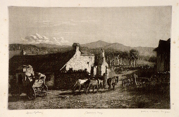 Artist: b'LINDSAY, Lionel' | Title: b'Coaching days; near Binalong' | Date: 1925 | Technique: b'spirit-aquatint and burnishing, printed in black ink, from one plate' | Copyright: b'Courtesy of the National Library of Australia'