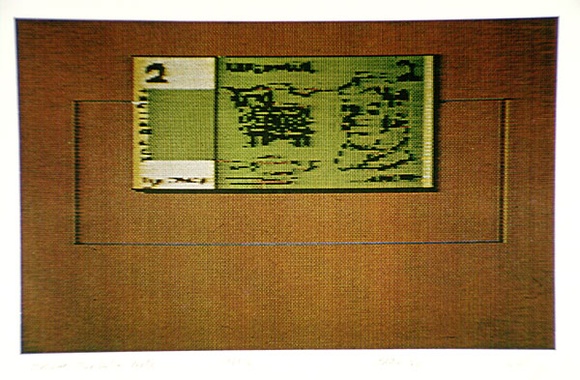 Artist: b'Kelly, William.' | Title: b'Still life: two dollar note' | Date: 1981-82 | Technique: b'computer print, printed in colour, from dot-matrix printer' | Copyright: b'\xc2\xa9 William Kelly'
