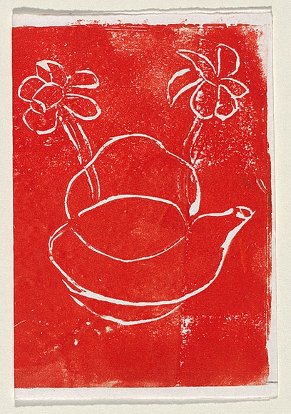 Title: b'Card: [kettle and flowers]' | Technique: b'linocut, printed in red ink, from one block'