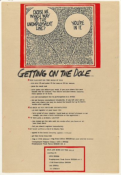 Artist: Lane, Leonie. | Title: Getting on the dole ... (one in a 4 poster series) | Date: 1978 | Technique: screenprint, printed in colour, from two stencils | Copyright: © Leonie Lane