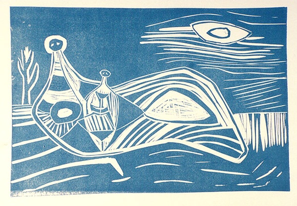 Artist: b'Stein, Guenter.' | Title: b'(Mother and child in landscape)' | Date: (1955) | Technique: b'linocut, printed in blue ink, from one block' | Copyright: b'\xc2\xa9 Bill Stevens (name changed by deed poll in 1958)'