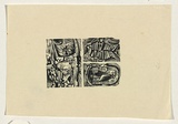 Title: not titled [three squares: two heads, fish and parrot in cage] | Date: 1960s | Technique: wood-engraving, printed in black ink, from one block