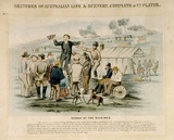 Title: b'Sunday at the diggings' | Date: c.1865 | Technique: b'lithograph, printed in black ink, from one stone, hand-coloured'