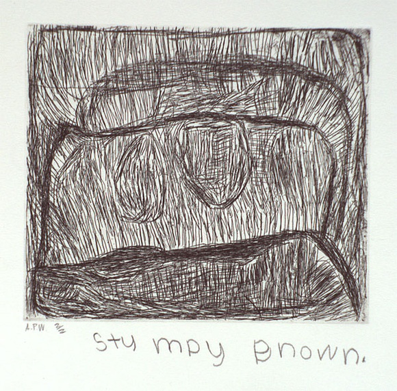 Artist: b'Nyuju Brown, Stumpy.' | Title: b'not titled [forms of parallel and cross-hatching]' | Date: 1997, February | Technique: b'etching, printed in black ink, from one plate'