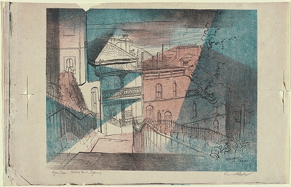 Artist: b'Jack, Kenneth.' | Title: b'Agar Steps, Millers Point, Sydney' | Date: 1953 | Technique: b'lithograph, printed in colour, from three zinc plates' | Copyright: b'\xc2\xa9 Kenneth Jack. Licensed by VISCOPY, Australia'