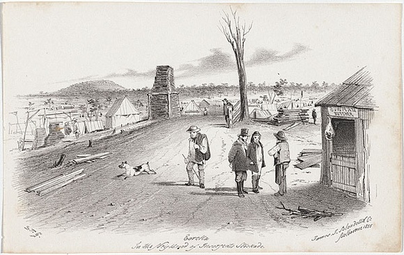 Artist: b'GILL, S.T.' | Title: b'Eureka in the neighbourhood of insurgents stockade.' | Date: 1855-56 | Technique: b'lithograph, printed in black ink, from one stone'