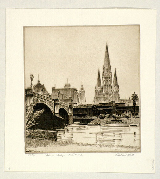 Artist: b'PLATT, Austin' | Title: b'Princes Bridge, Melbourne' | Date: 1934 | Technique: b'etching, printed in black ink, from one plate'