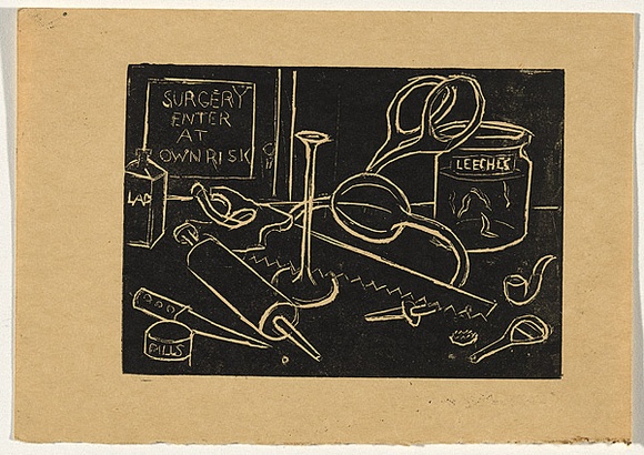 Artist: b'Bell, George..' | Title: b'(Surgery).' | Technique: b'linocut, printed in black ink, from one block'