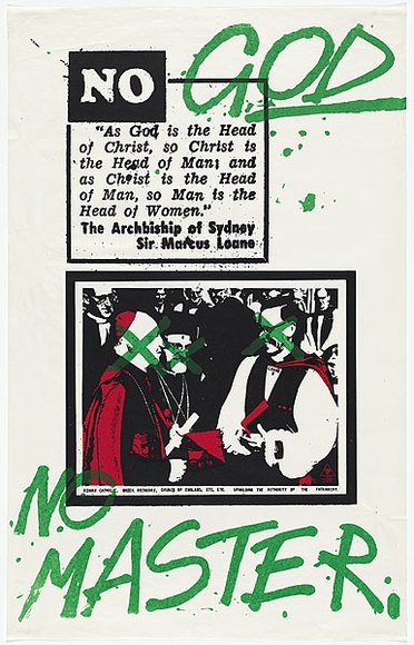 Title: b'No God no master.' | Date: 1977 | Technique: b'screenprint, printed in colour, from three stencils' | Copyright: b'\xc2\xa9 Michael Callaghan'