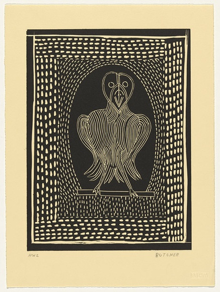 Artist: b'Cherel, Kumanjayi (Butcher).' | Title: b'Owl' | Date: 1994, October-November | Technique: b'linocut, printed in black ink, from one block'