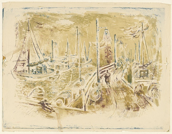 Artist: b'MACQUEEN, Mary' | Title: b'Jetty, San Remo' | Date: 1959 | Technique: b'lithograph, printed in colour, from multiple plates' | Copyright: b'Courtesy Paulette Calhoun, for the estate of Mary Macqueen'
