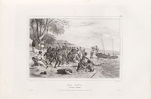 Artist: Sainson, Louis de. | Title: Baie Jervis. Les Marins de L'Astrolabe partagent leur peche avec les Naturels. [Jervis Bay. Sailors from the Astrolabe share their fish with the natives.] | Date: 1833 | Technique: lithograph, printed in black ink, from one stone