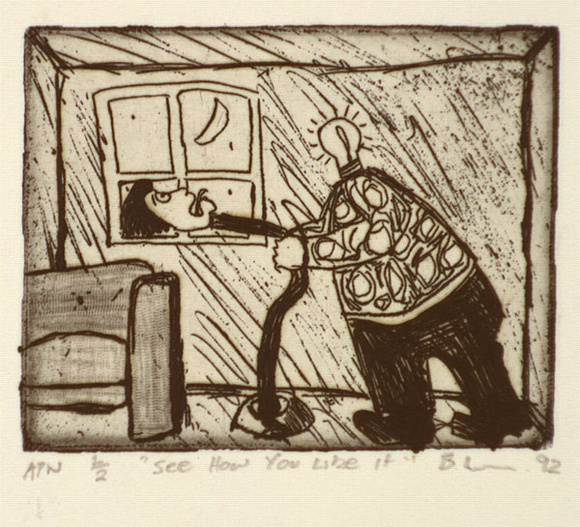 Artist: b'Leveson, Ben Conrad.' | Title: b'See how you like it' | Date: 1992, December | Technique: b'etching, printed in black ink, from one plate'