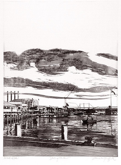 Artist: GRIFFITH, Pamela | Title: Darling Harbour | Date: 1988 | Technique: hard ground, aquatint, photo-transferred, spray resist on one copper | Copyright: © Pamela Griffith